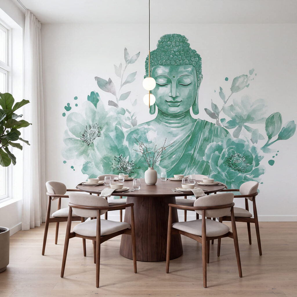 Buddha telt virágok között — lakásbelső 3