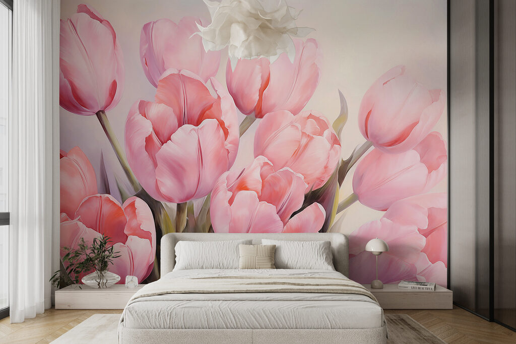 Sűrű rózsaszín tulipánok egy belső térben