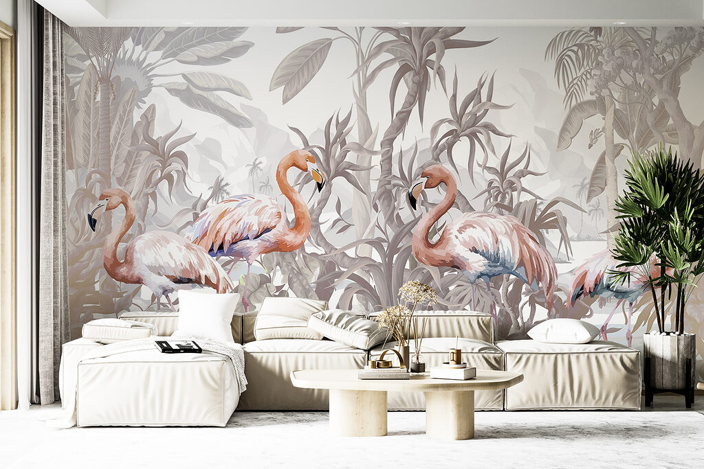 Flamingók világos növények előtt — lakásbelső 1